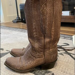 Lucchese Womens Jordan Ostrich Snip Toe Boots Mid Calf Low Heel 1-2" - Brown